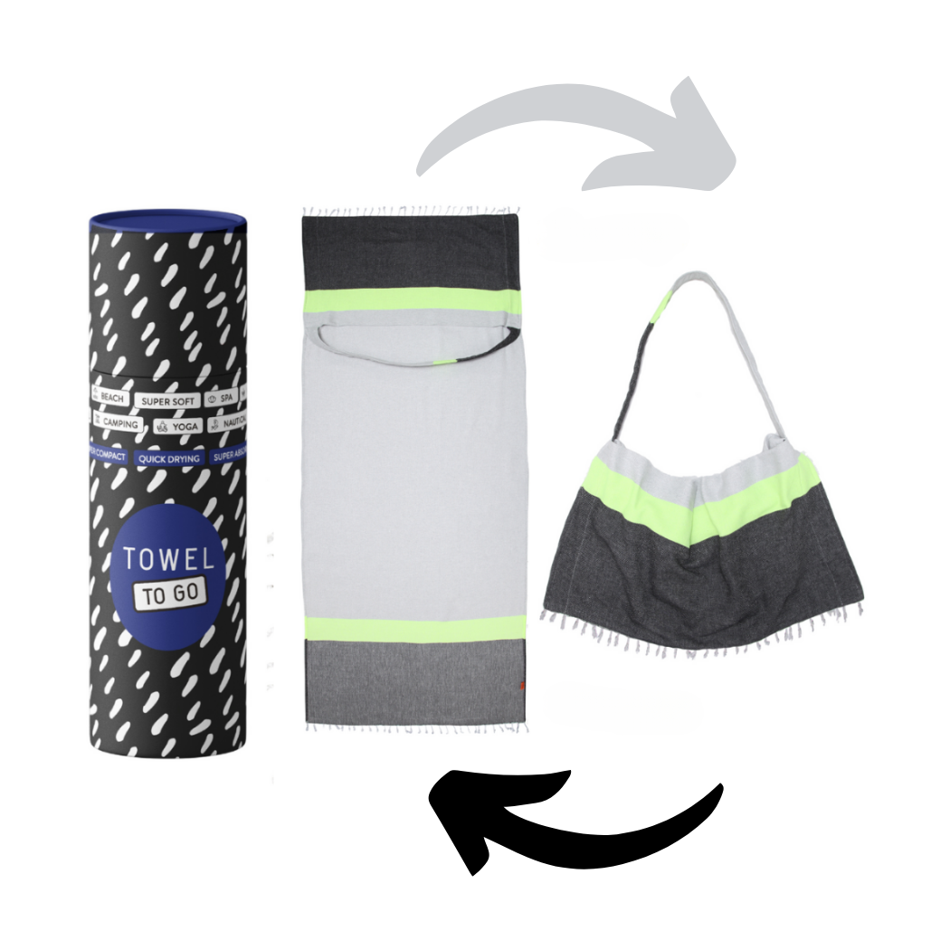 Neon Two-in-One Beach Towel and Bag, Grey, Black, Recycled Cotton with